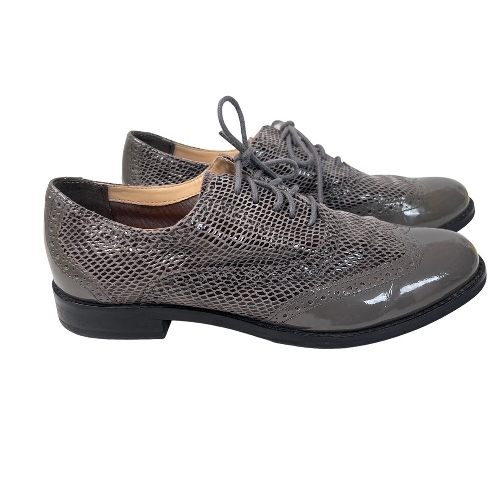 Cole Haan Women's Grey Patent Leather Snakeskin Lace Up Shoe Casual Flats 7